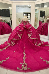 Fuchsia Off the Shoulder Princess Appliqued Quinceanera Dress with Train